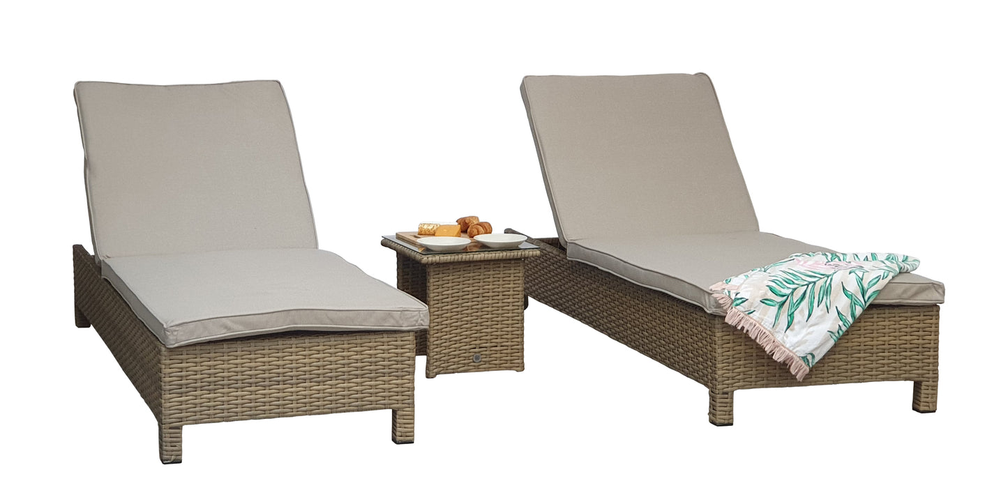 Rattan pair of Sun Loungers with Table in Natural | Sarena | Sare0046
