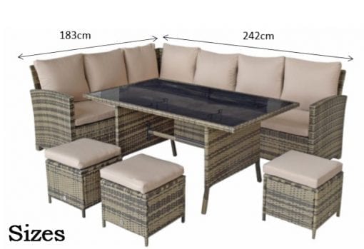 Rattan Charlotte Corner Sofa + Dining Table + 3 Stools Set Grey