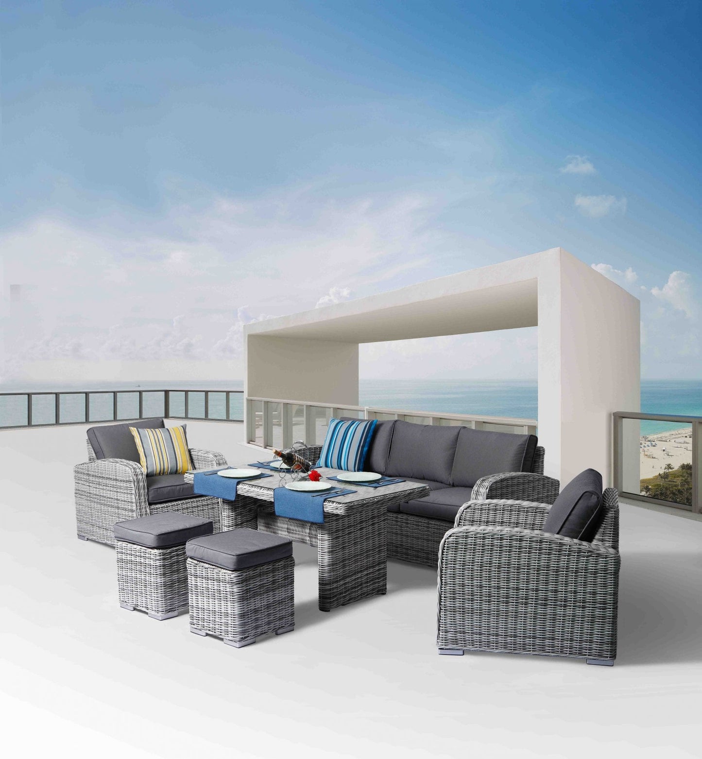Rattan Kirkland 3 Seater Sofa + 2 Chairs Table + 2 Stool Set - Homeflair