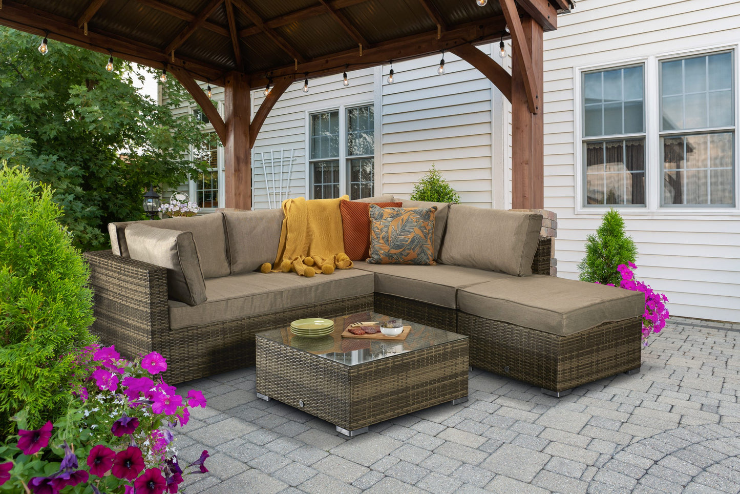 Rattan Corner Sofa + Table + Stool Set | Savannah - Homeflair
