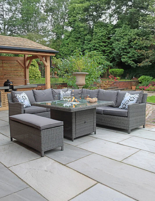Paris 8 Seater Deluxe Modular Corner Dining & Lounging Set -with Square Fire Pit Table