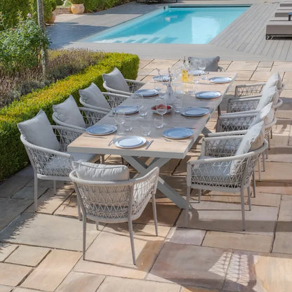 Vienna 6 - 10 Seat Extending Rectangular Dining Table with Dawn Grey Frame and 10 Monaco Cool Linen Rope Weave Dining Chairs
