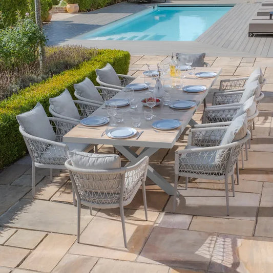 Vienna 6 - 10 Seat Extending Rectangular Dining Table with Dawn Grey Frame and 10 Monaco Cool Linen Rope Weave Dining Chairs