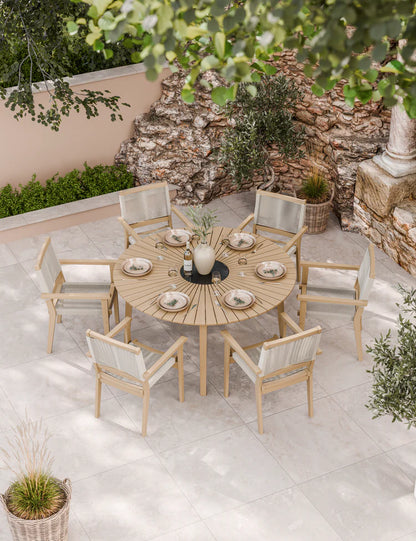 Roma 6 Seater Round Sunray Dining Set with Black Granite Insert and Rope Stacking Chairs