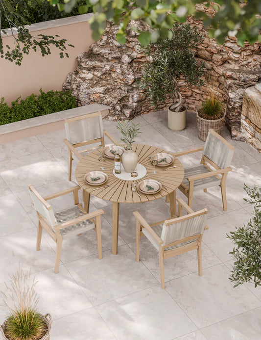 Roma 4 Seater Round Sunray with Terrazzo Insert Dining Set with Roma Rope Stacking Chairs