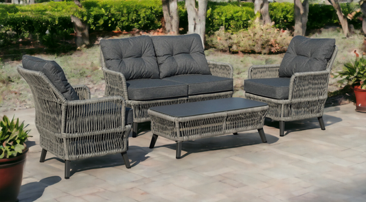 NEW Beatrice Garden Grey 2 Seater + 2 Chairs + Coffee Table Homeflair