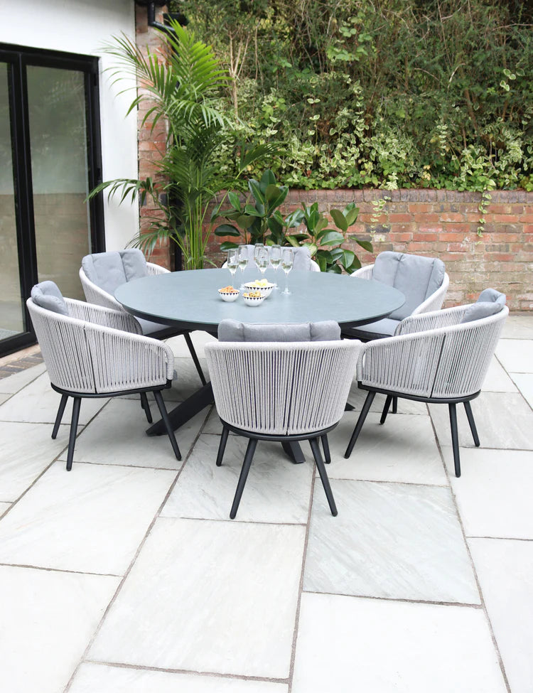 Aspen 6 Seater Round Ceramic Glass Dining Set with Aspen Rope Chairs
