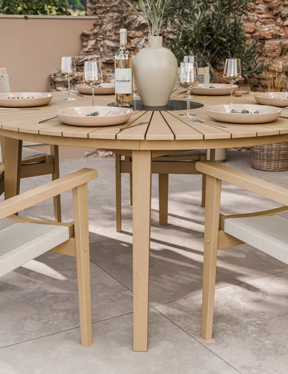 Roma 6 Seater Round Sunray Dining Set with Black Granite Insert and Rope Stacking Chairs