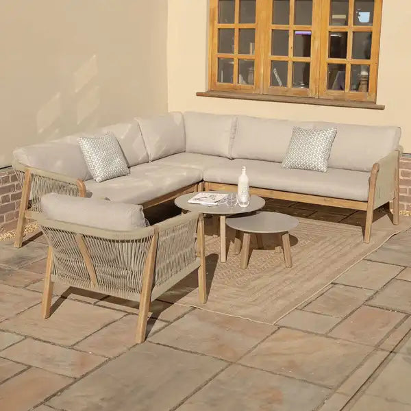 Martinique Rope Weave Corner Sofa Set with Lounge Armchair & 2 Round Coffee Tables