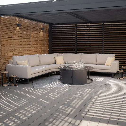 Outdoor Fabric Ethos Grande Corner Sofa Set with Round Fire Pit Table - Oatmeal