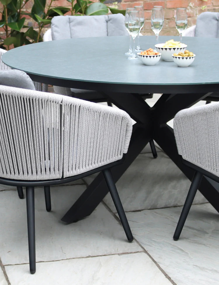 Aspen 6 Seater Round Ceramic Glass Dining Set with Aspen Rope Chairs