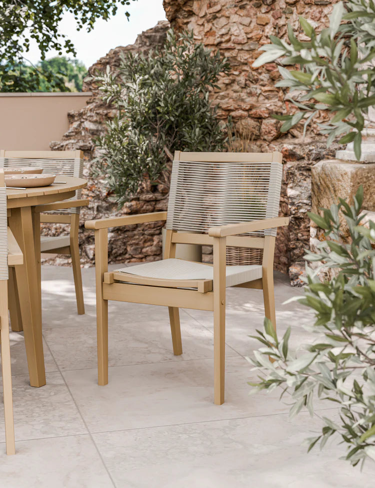 Roma 6 Seater Round Sunray with Terrazzo Insert Dining Set with Roma Rope Stacking Chairs
