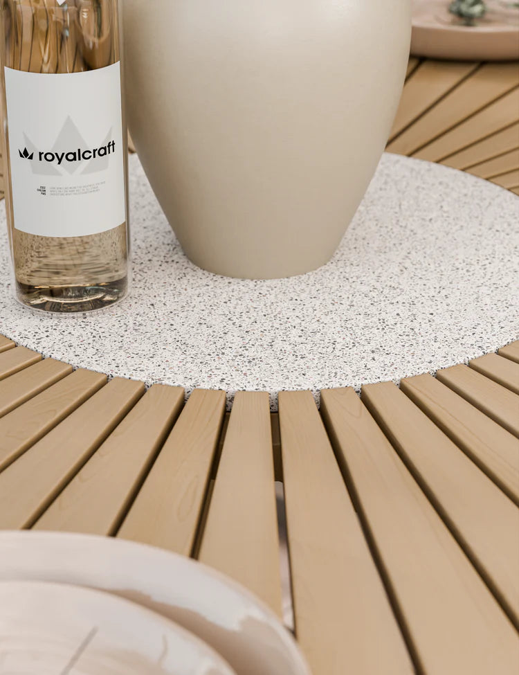Roma 6 Seater Round Sunray with Terrazzo Insert Dining Set with Roma Rope Stacking Chairs