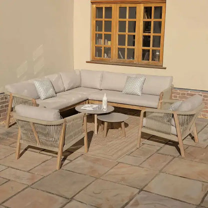 Martinique Rope Weave Corner Sofa Set with 2 Lounge Armchairs & 2 Round Coffee Tables