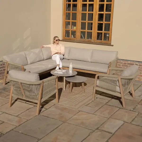 Martinique Rope Weave Corner Sofa Set with 2 Lounge Armchairs & 2 Round Coffee Tables