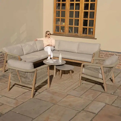 Martinique Rope Weave Corner Sofa Set with 2 Lounge Armchairs & 2 Round Coffee Tables