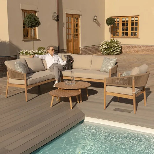 Porto Rope Weave Corner Sofa Set with Pair of Round Coffee Tables & Armchair