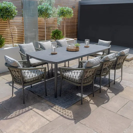 Monaco Rope Weave 8 Seat Rectangular Dining Set with Lazy Susan - Ivy Green