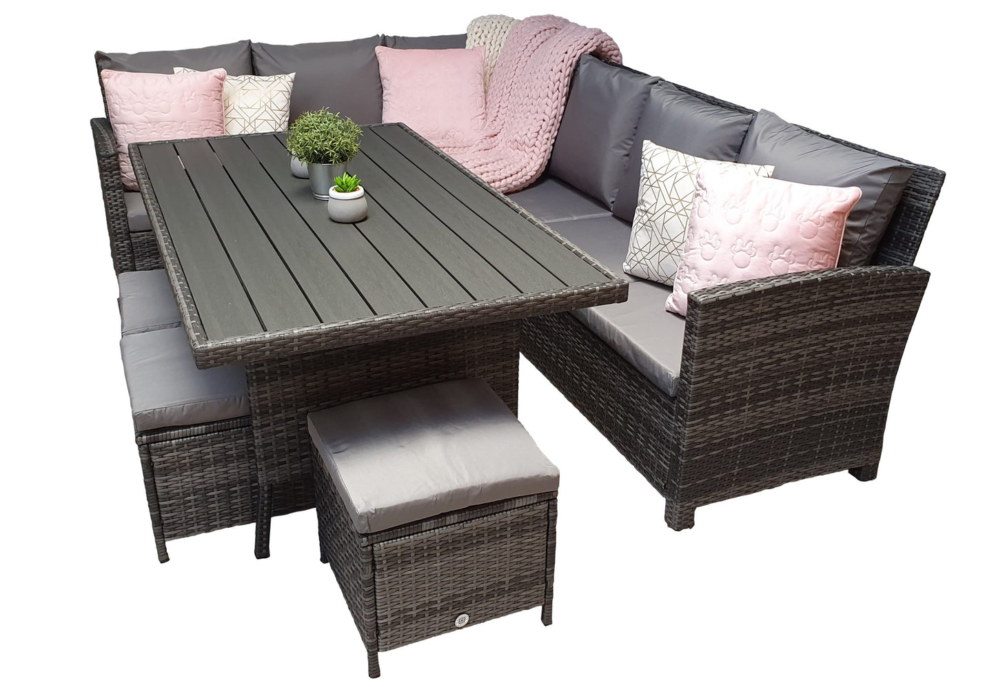 Rattan Grey Corner Sofa + Dining Table + 3 Stools Set | Char0308