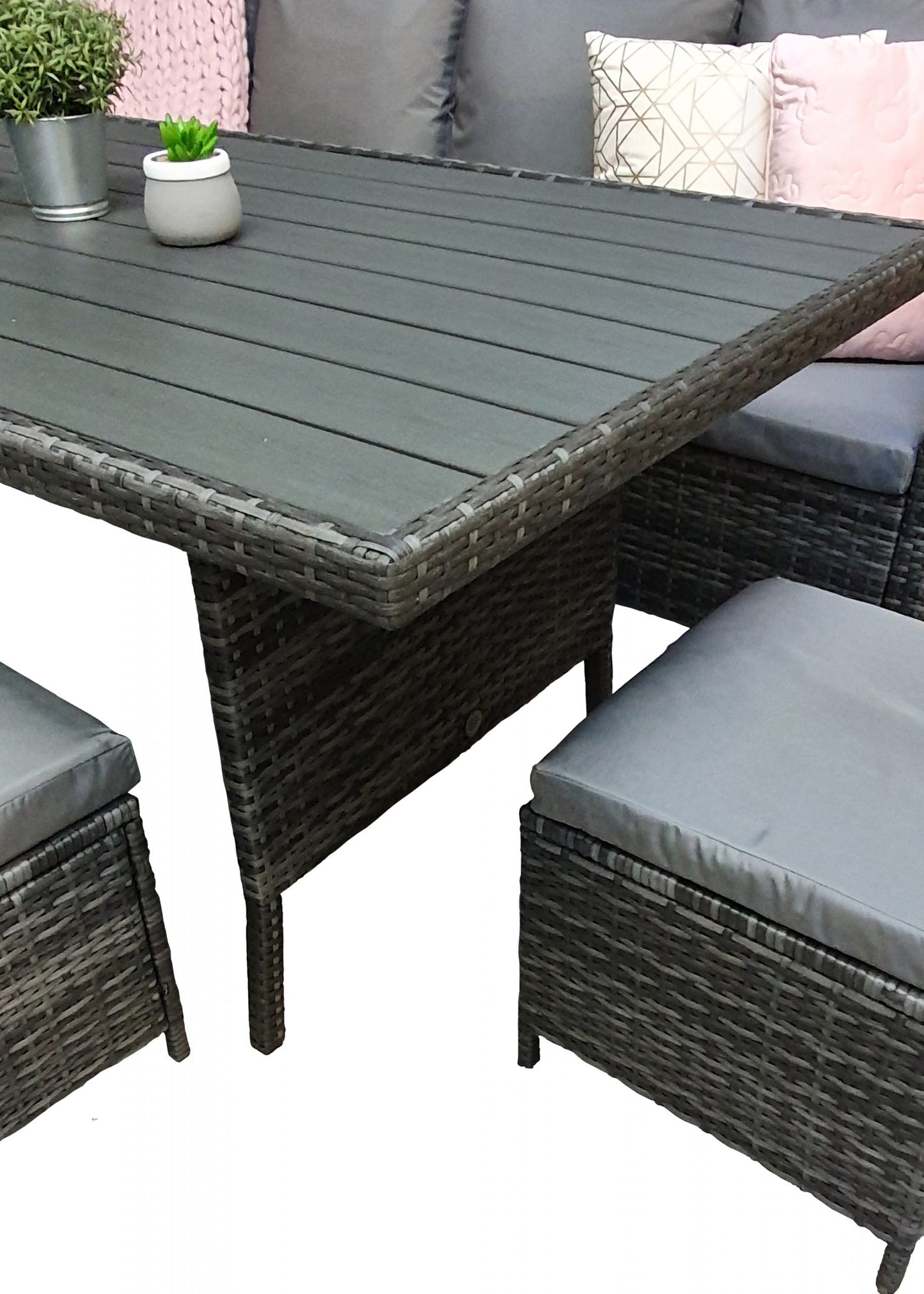 Rattan Grey Corner Sofa + Dining Table + 3 Stools Set | Char0308
