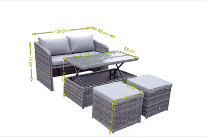 Rattan Compact Sofa with 2 Ottomans and Lift Coffee Table in Brown | Gemma | Gemm0180