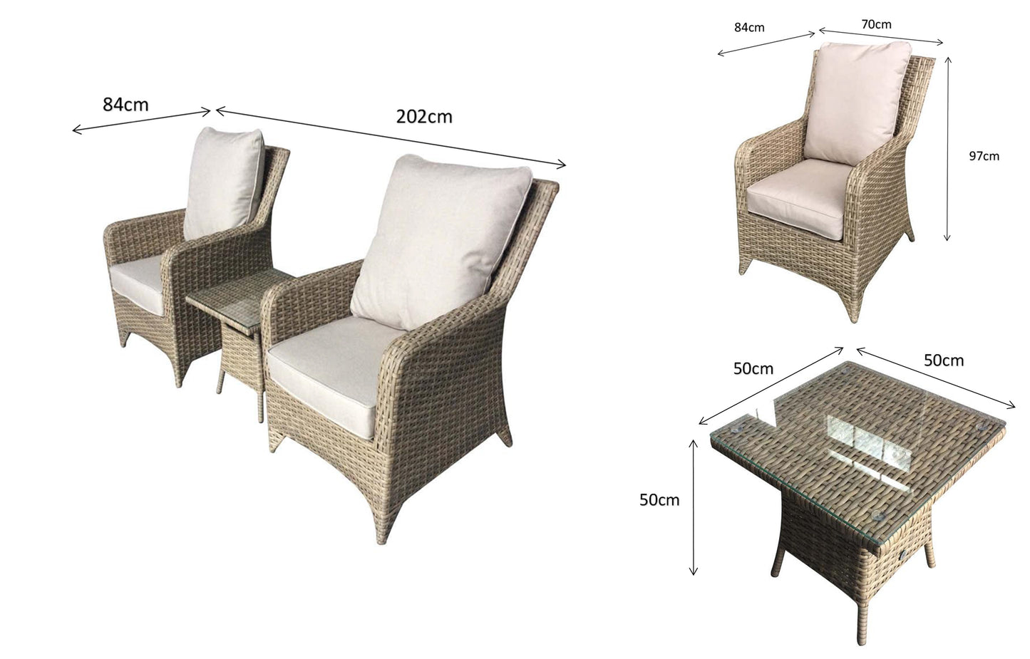 Rattan Beige High Back 3 Piece Lounge Set in Natural | Sarah | Sara0045