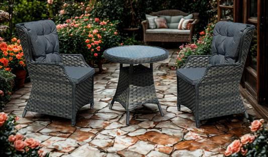 NEW Tammy Rattan Garden Grey Bistro Set Table + 2 Chairs