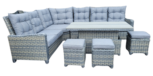 Homeflair Molly Large Grey Rattan Corner with lift Table + Stools