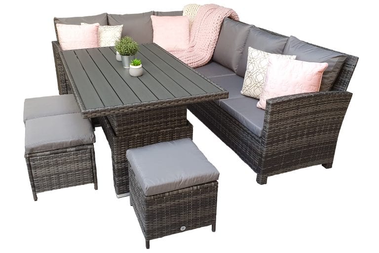 Rattan Charlotte Corner Sofa + Dining Table + 3 Stools Set Grey | Char0309