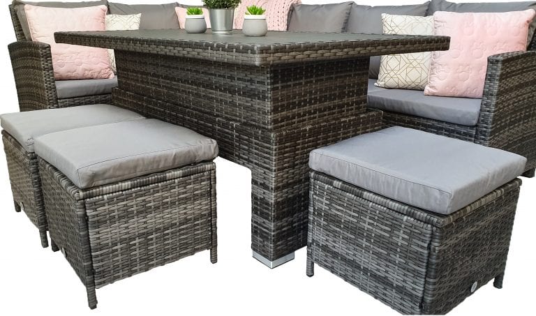 Rattan Charlotte Corner Sofa + Dining Table + 3 Stools Set Grey | Char0309