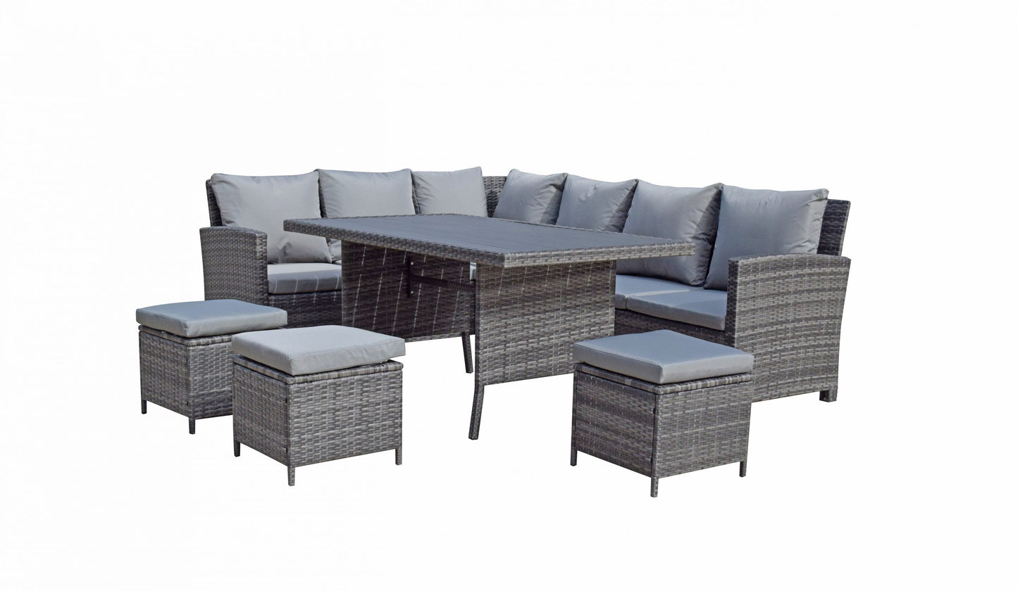 Rattan Grey Corner Sofa + Dining Table + 3 Stools Set | Char0308