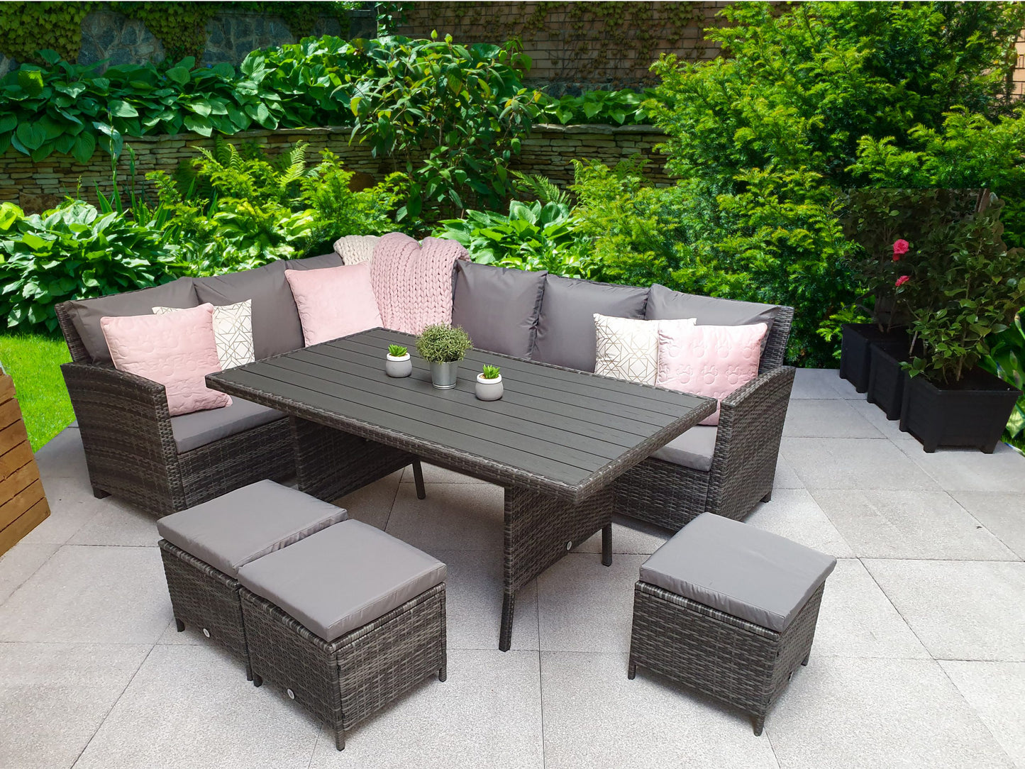 Rattan Grey Corner Sofa + Dining Table + 3 Stools Set | Char0308
