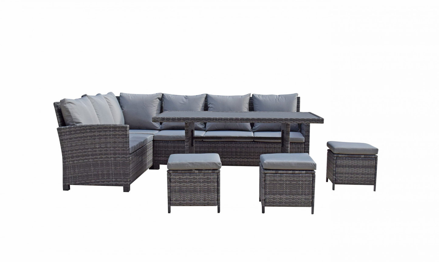 Rattan Grey Corner Sofa + Dining Table + 3 Stools Set | Char0308