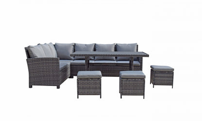 Rattan Grey Corner Sofa + Dining Table + 3 Stools Set | Char0308