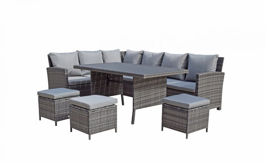 Rattan Grey Corner Sofa + Dining Table + 3 Stools Set | Char0308