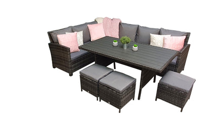 Rattan Grey Corner Sofa + Dining Table + 3 Stools Set | Char0308