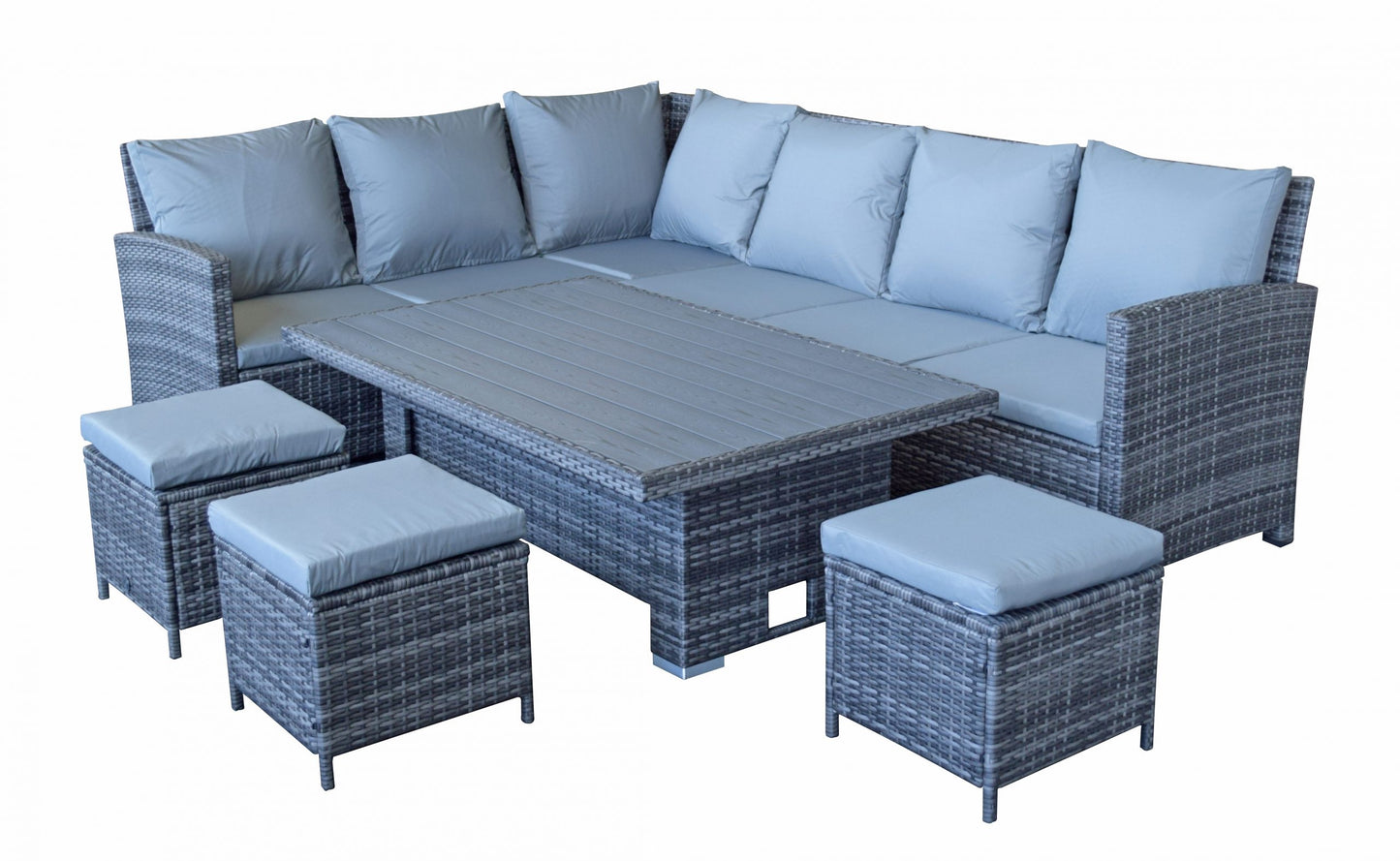 Rattan Charlotte Corner Sofa + Dining Table + 3 Stools Set Grey | Char0309
