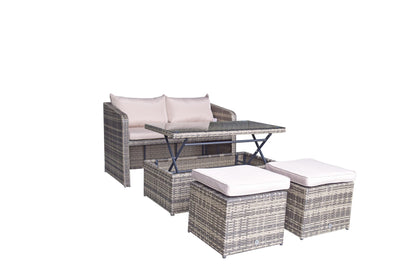 Rattan Compact Sofa with 2 Ottomans and Lift Coffee Table in Brown | Gemma | Gemm0180