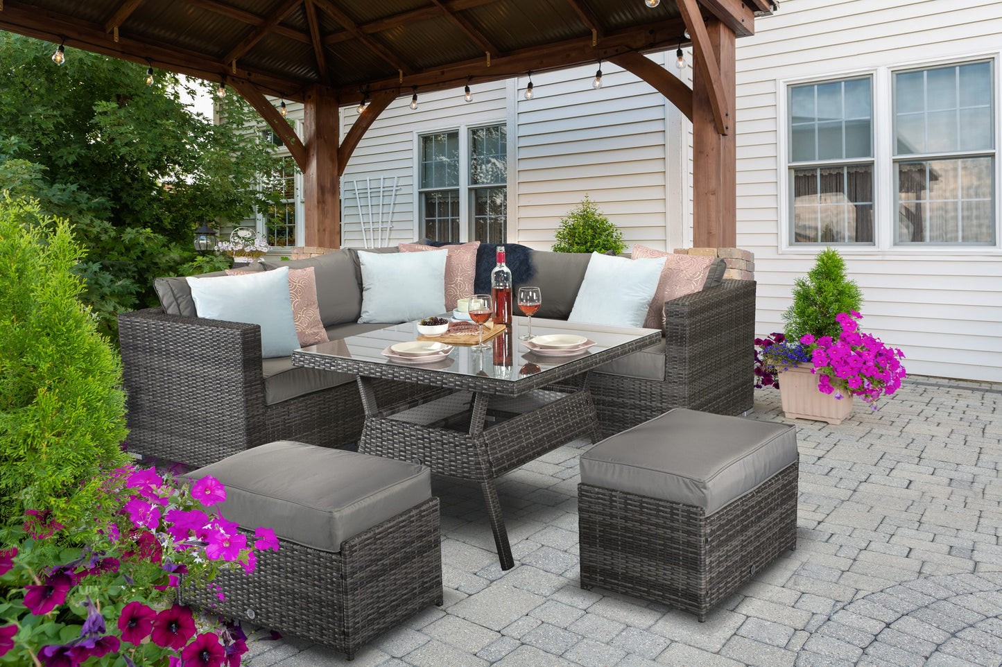 Georgia Rattan Corner Dining Set with Benches in Grey | Geor0150