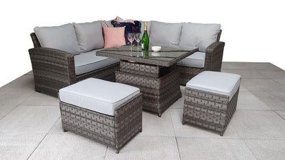Rattan Grace Corner Sofa + Adjustable Dining Table + 2 Stools Set Grey | Grac0313