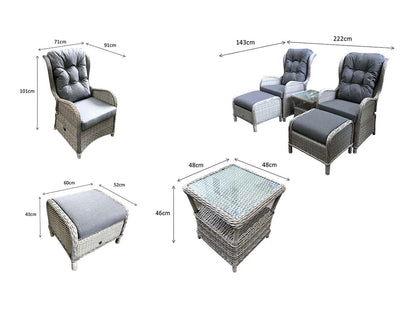 Rattan 5 Piece Reclining Lounge Set in Grey | Megh0298