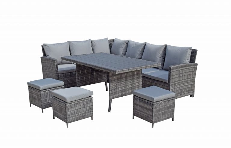 Rattan Grey Corner Sofa + Dining Table + 3 Stools Set | Char0308