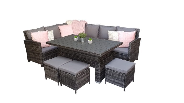 Rattan Charlotte Corner Sofa + Dining Table + 3 Stools Set Grey | Char0309