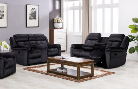 Texas Fabric 3 + 2 Manual Recliner Sofa Set in Black with Cupholders/Storage - Homeflair