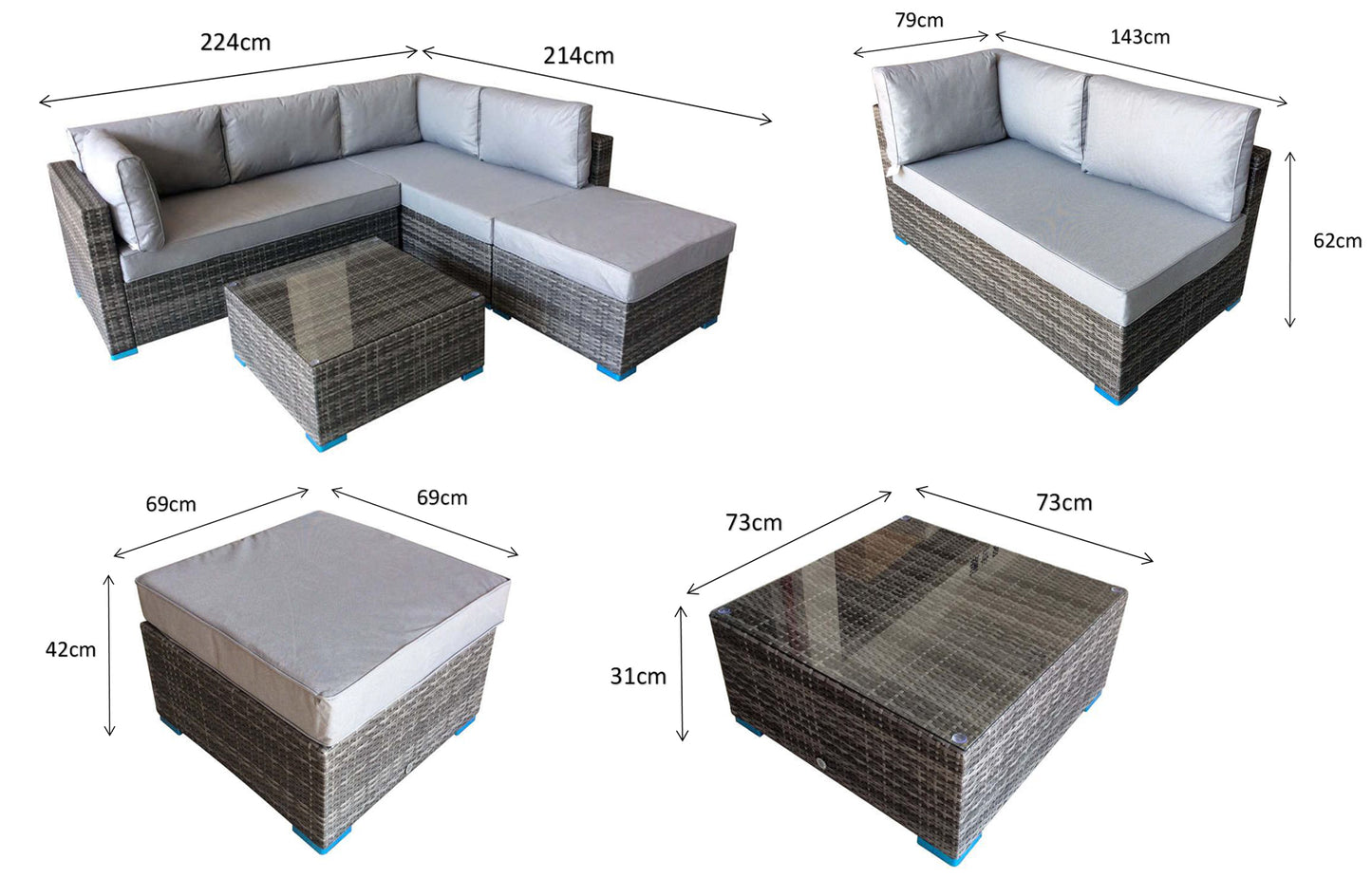 Rattan Corner Sofa + Table + Stool Set | Savannah - Homeflair