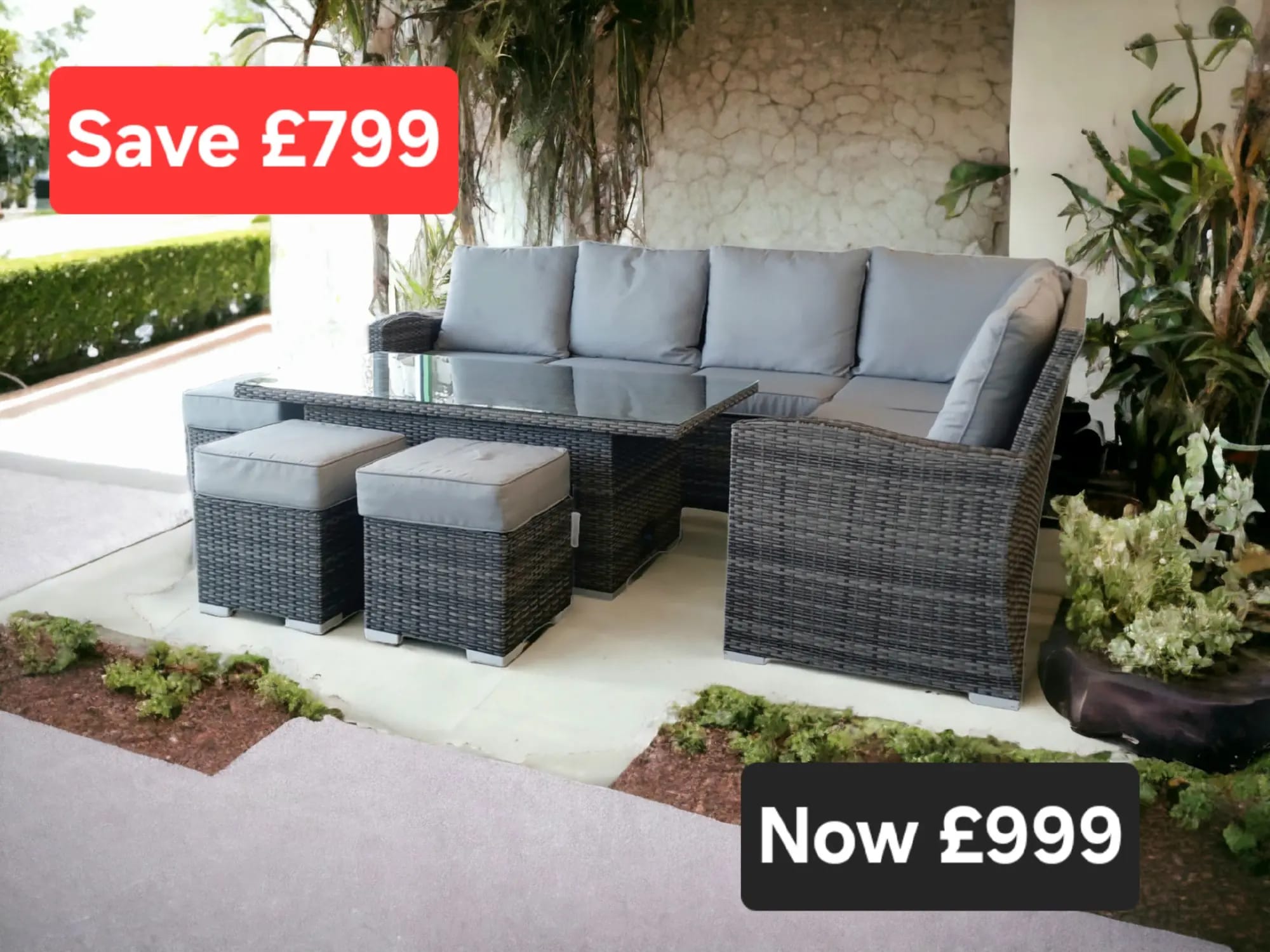 Cambridge Rattan Grey Casual Dining Corner Sofa Set With Rising Table | Camb181G
