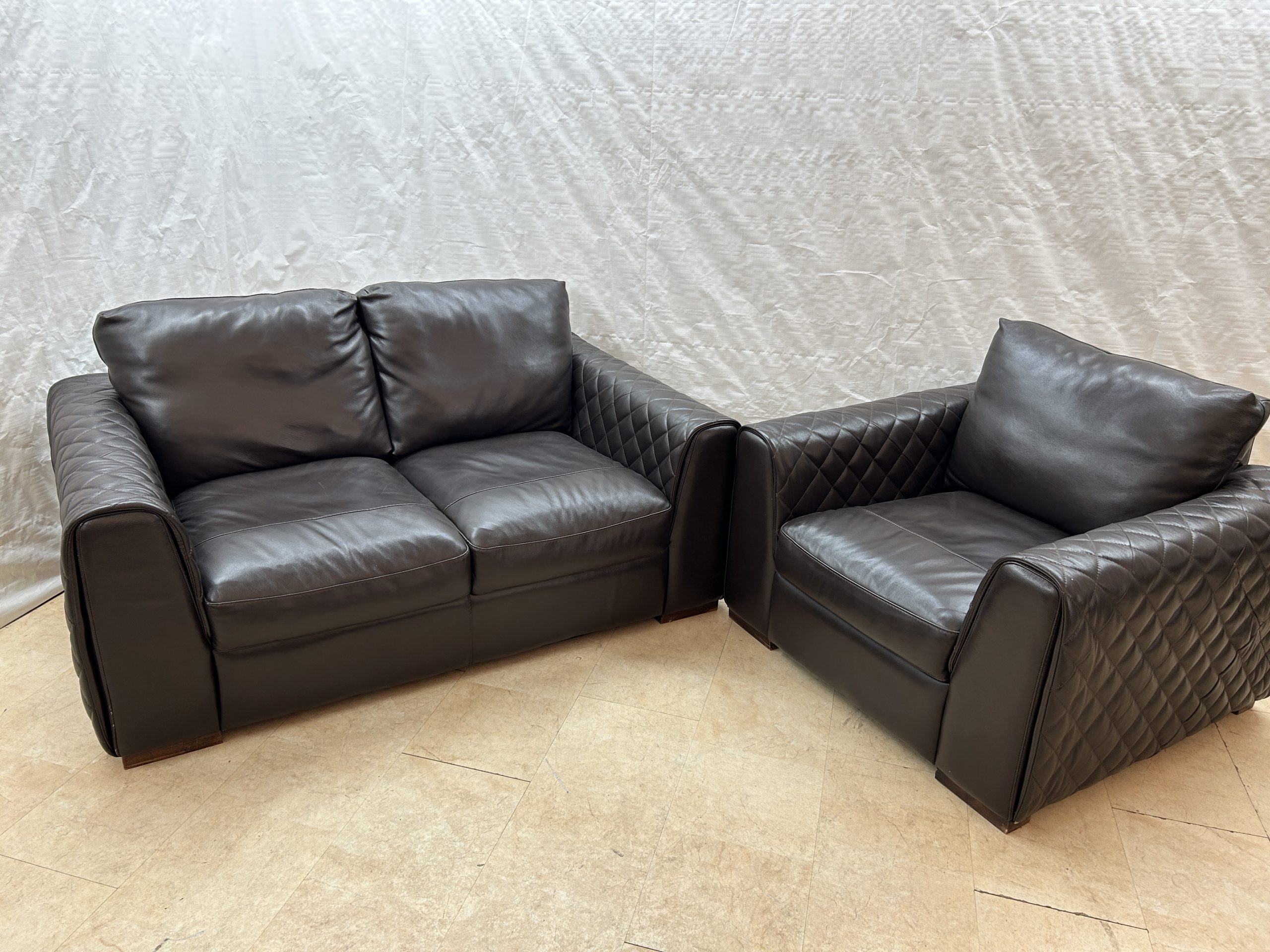 Waffle Arm Ex-Display Leather Brown 2 Seater Sofa + Chair | EXA87 - Image 3