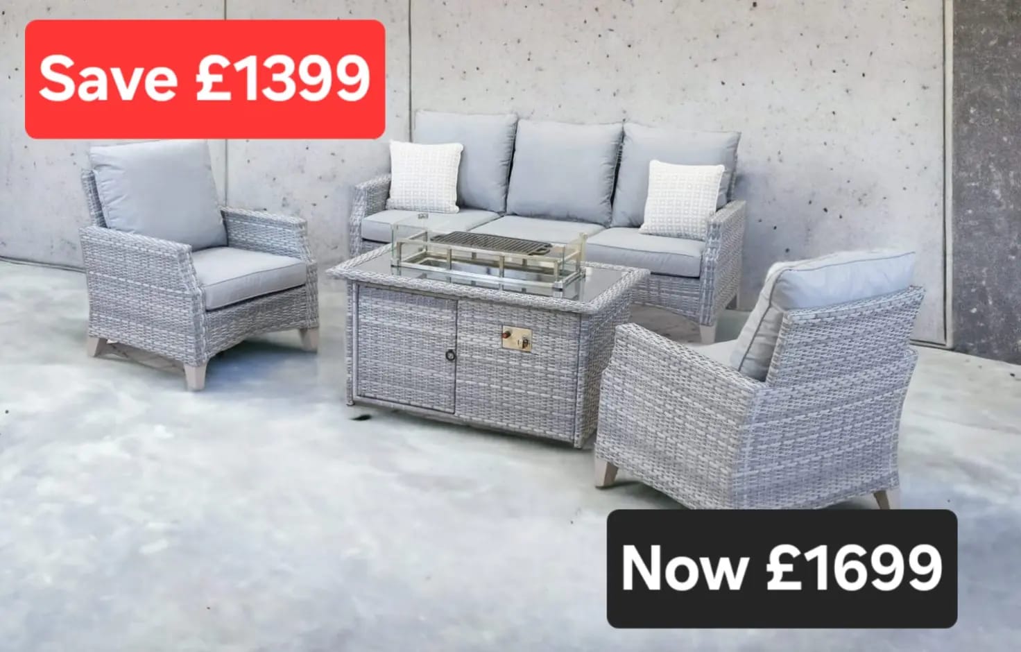 Rattan Windchester Casual 3 Seater Sofa + 2 Chairs Set with Firepit Table | WINS34FGGE