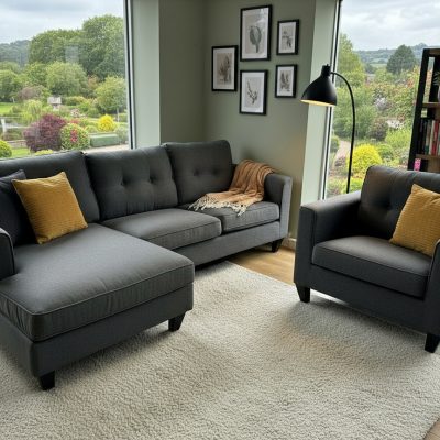 Liam Ex-Display Grey Fabric 3 Seater Chaise Sofa + Chair | EXLIA