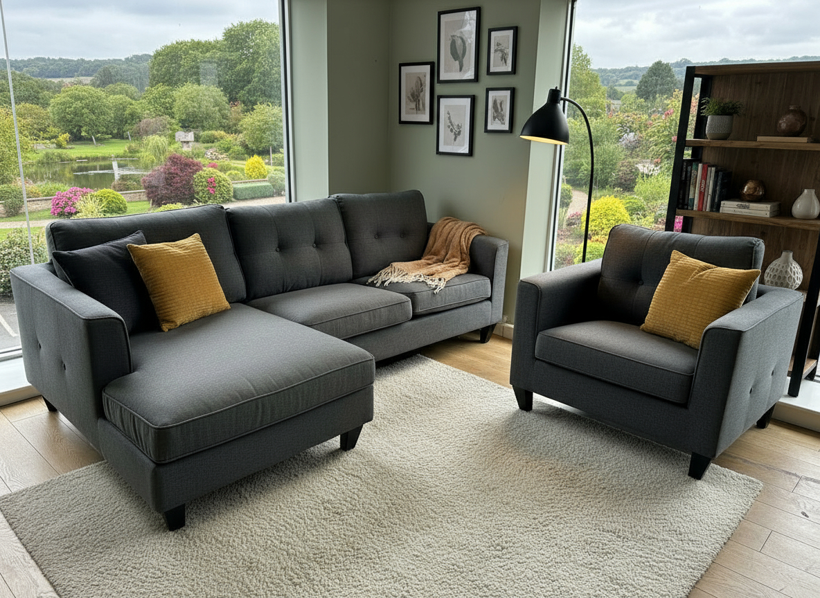 Liam Ex-Display Grey Fabric 3 Seater Chaise Sofa + Chair | EXLIA
